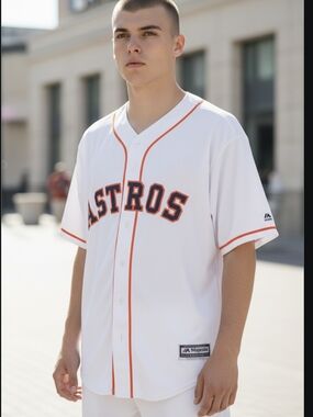 Majestic White Baseball Jersey with Orange and Navy Lettering